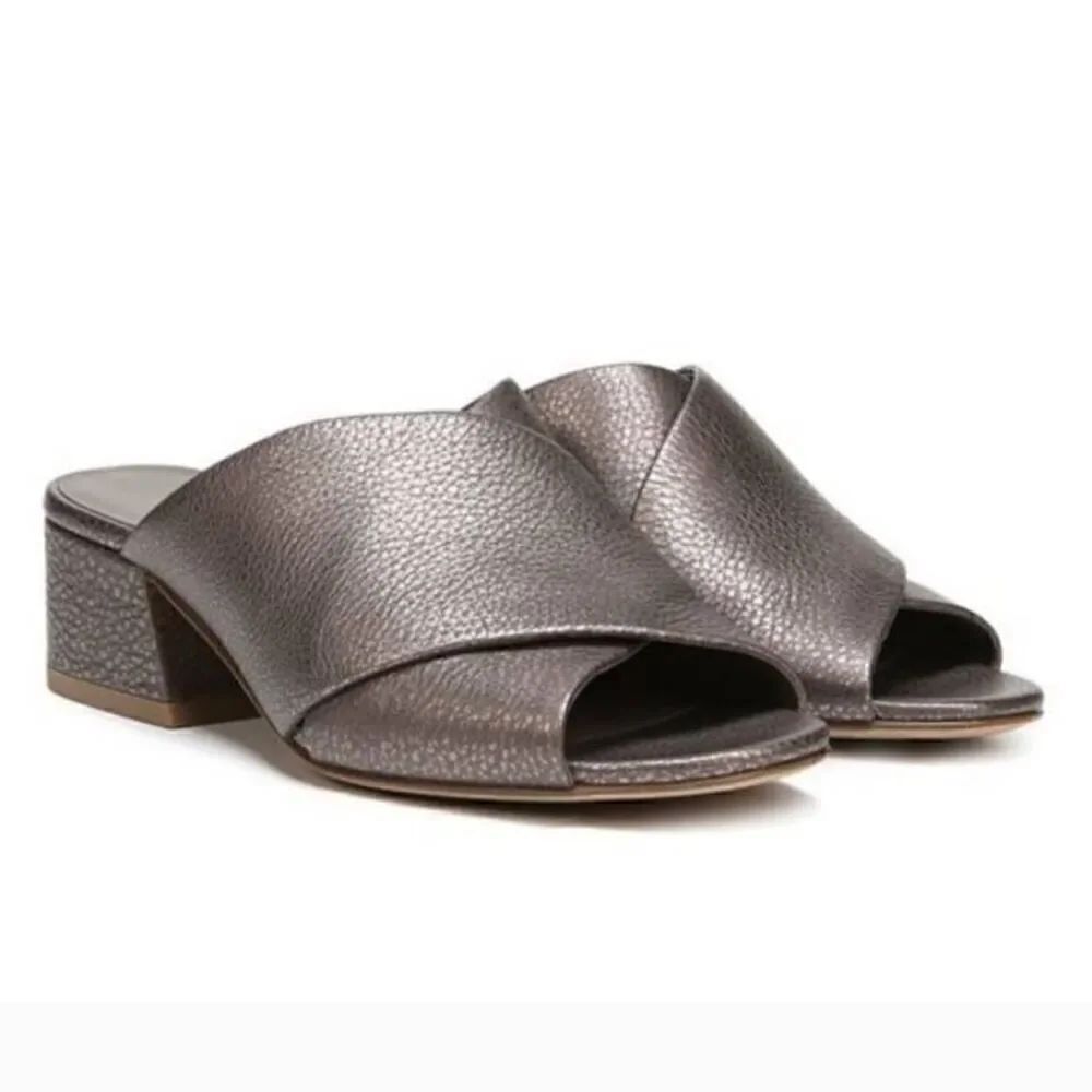 Vince Karsen Round Toe Block Heel Slip On Leather Sandal Metallic Size 11